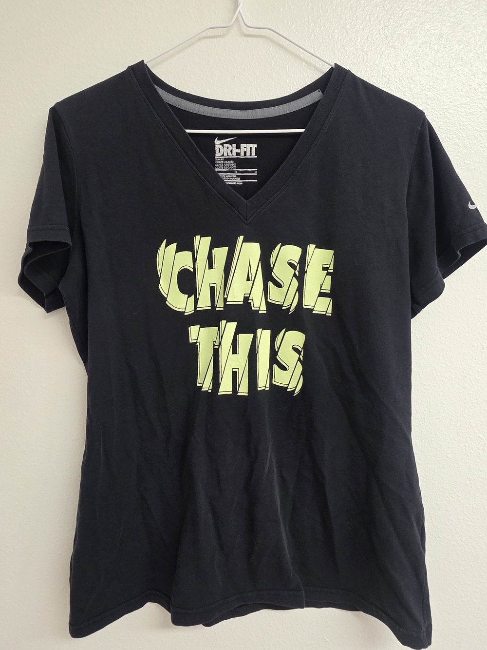 Nike Dri-FIT Black V-Neck Graphic Women’s Tee - Neon Yellow "Chase This" (0333)